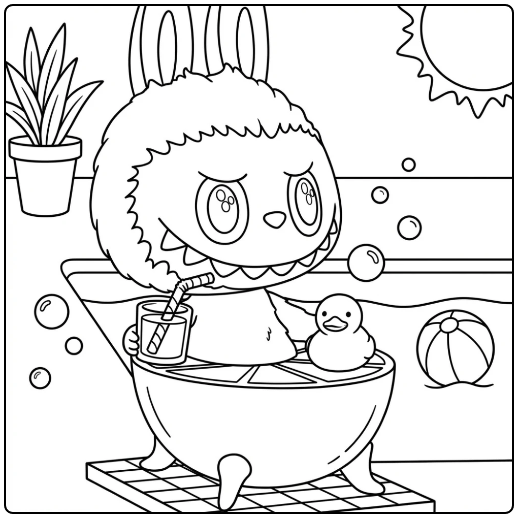 Summery Lemon Labubu by the Swimming Pool coloring page