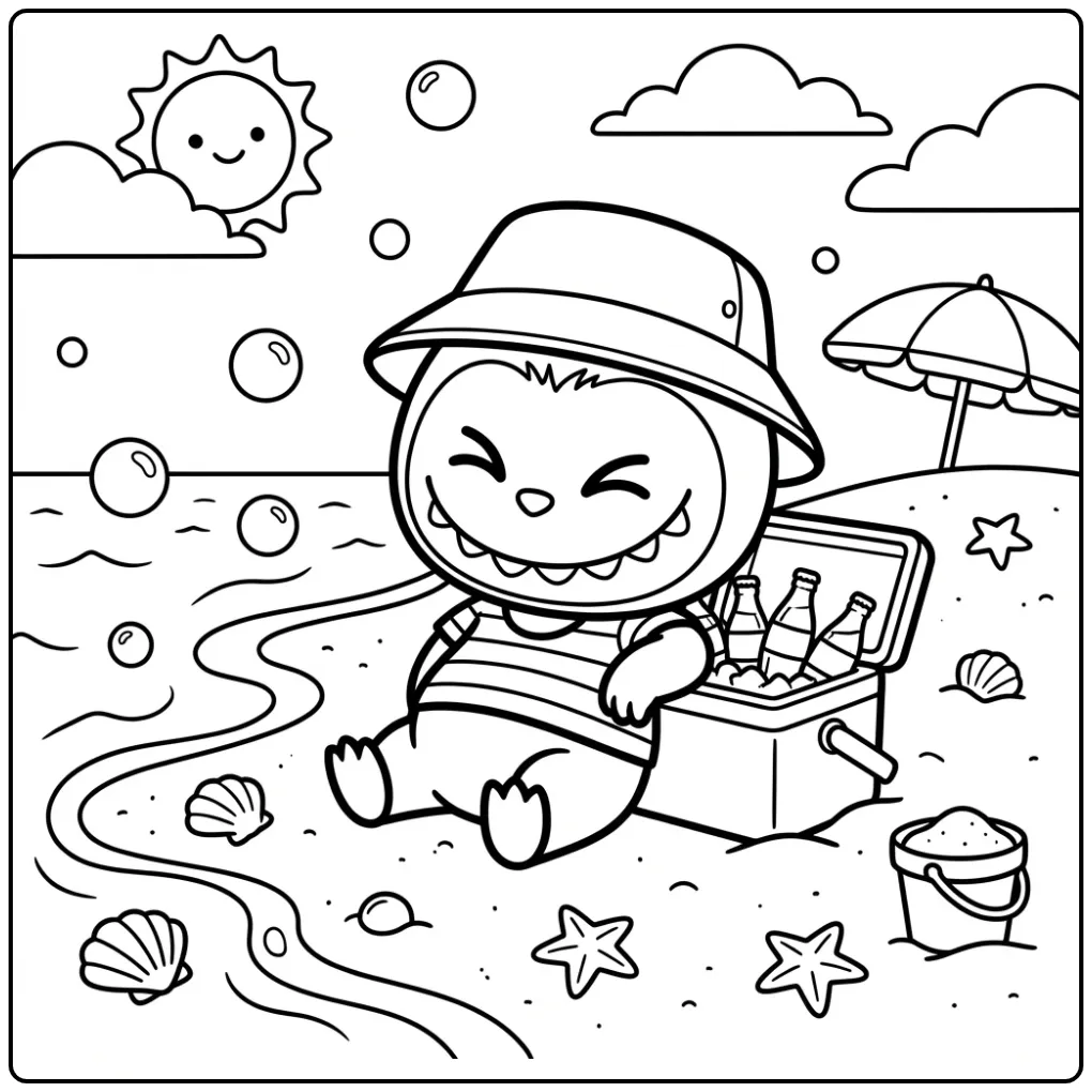 Summery Labubu Cola at the Beach coloring page
