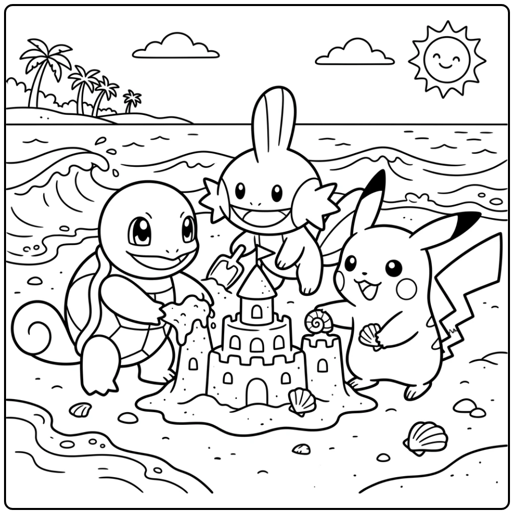 Summery Pokemon Cute Friends Building a Sand Castle coloring page