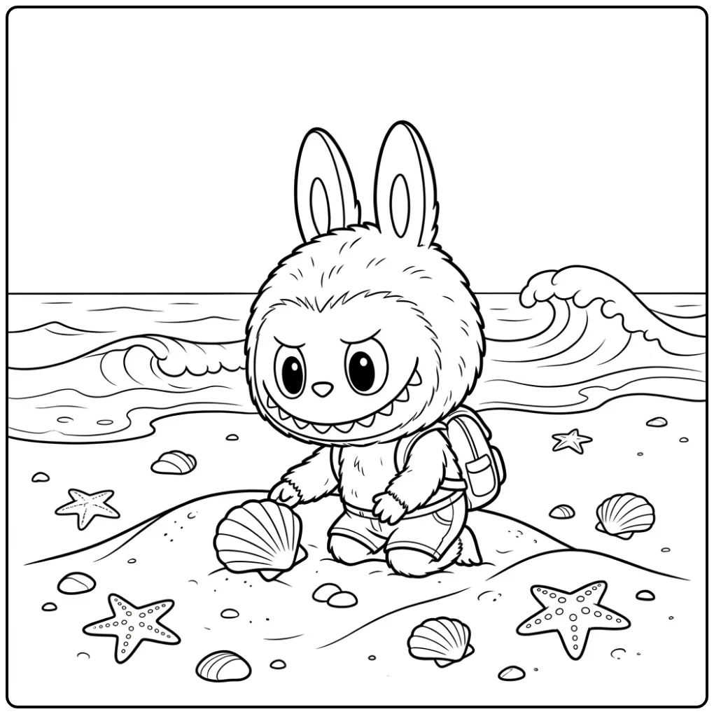 Summery Cute Labubu at the Sea with Starfish coloring page