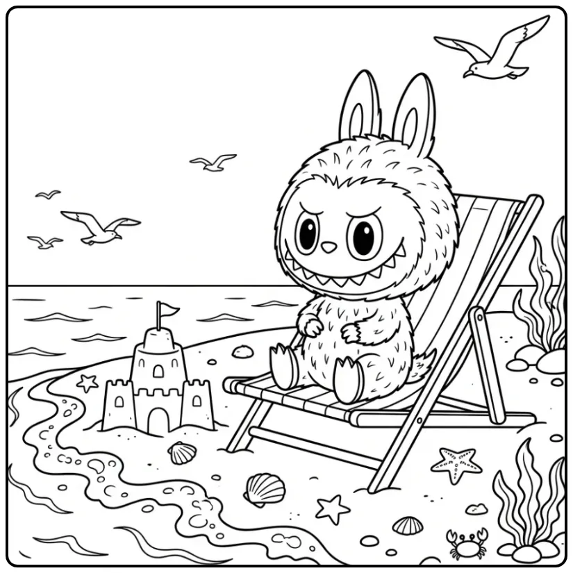 Summer Labubu Have a Seat by the Sea coloring page