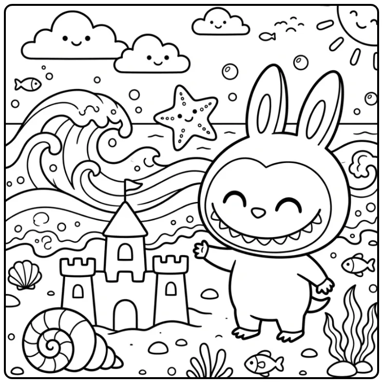 Easy Labubu at the Beach by the Sea in Summer coloring page