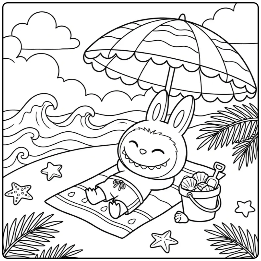 Labubu summer adventure coloring page