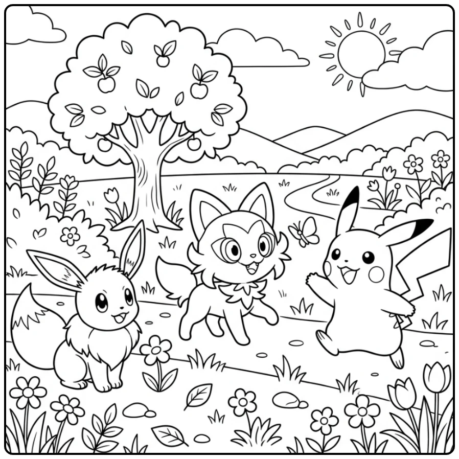 Sunny Garden Pokemon Sprigatito Adventure with Friends coloring page