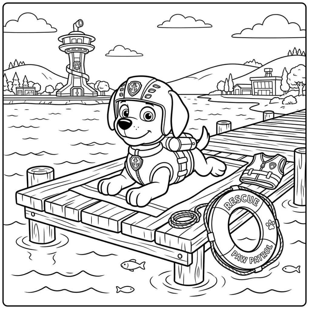 Zuma Paw Patrol After Rescue Resting on the Dock coloring page