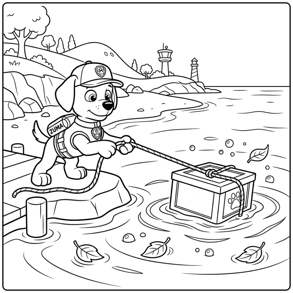 Zuma Paw Patrol Rescuing an Object from the Water with a Rope coloring page