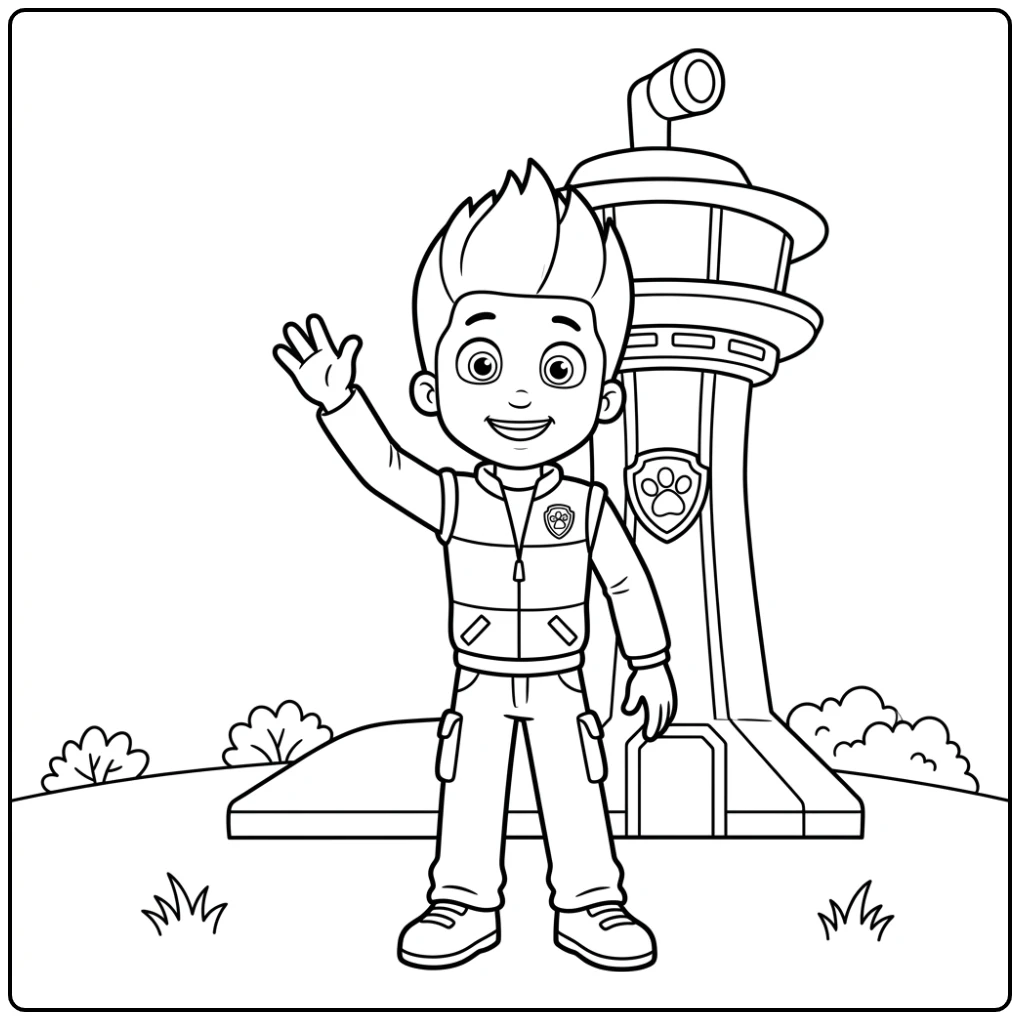 Easy Paw Patrol Ryder Waving by the Lookout Tower coloring page