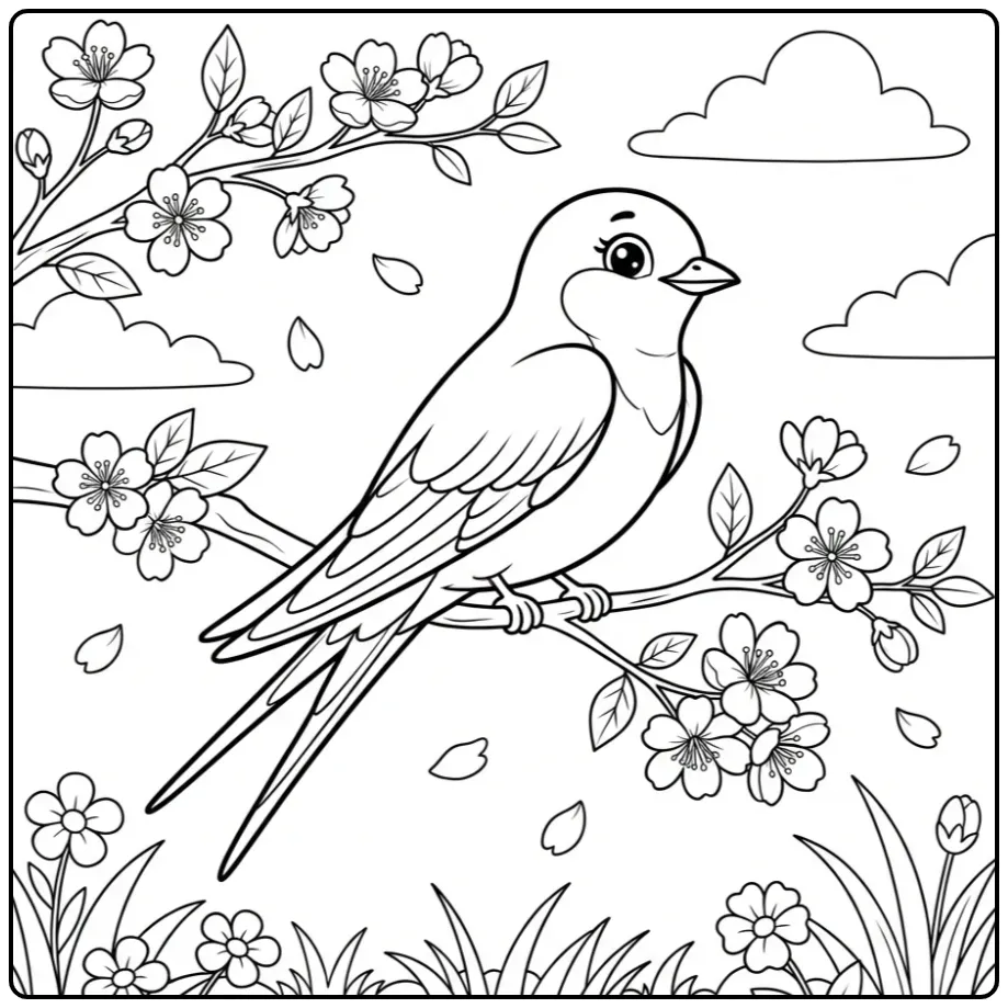 Swallow with Spring Blossom and Clouds coloring page