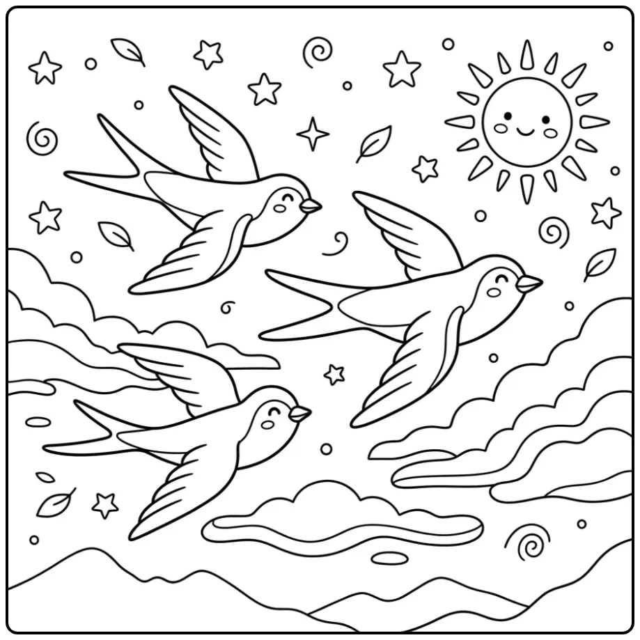 Three Migrating Swallows Above Mountains coloring page