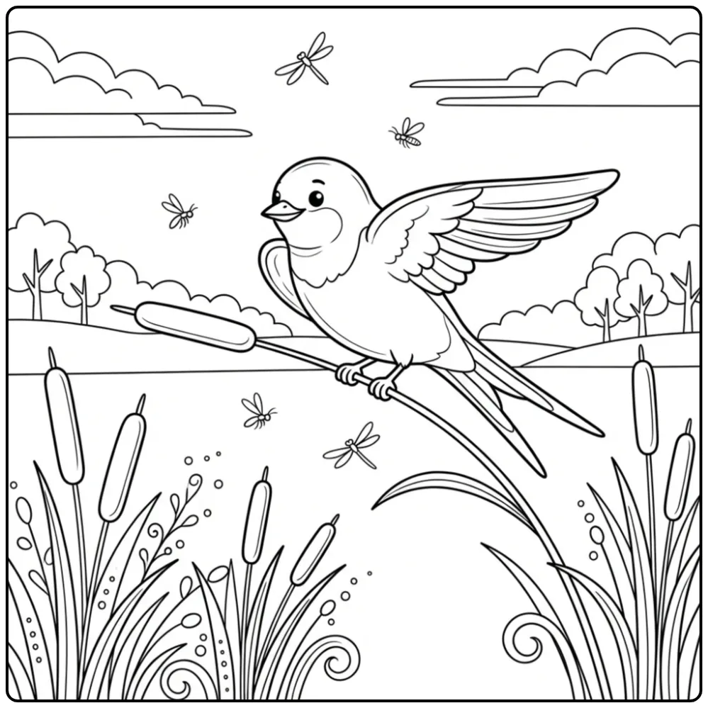 Swallow on a Bending Reed in the Swamp coloring page