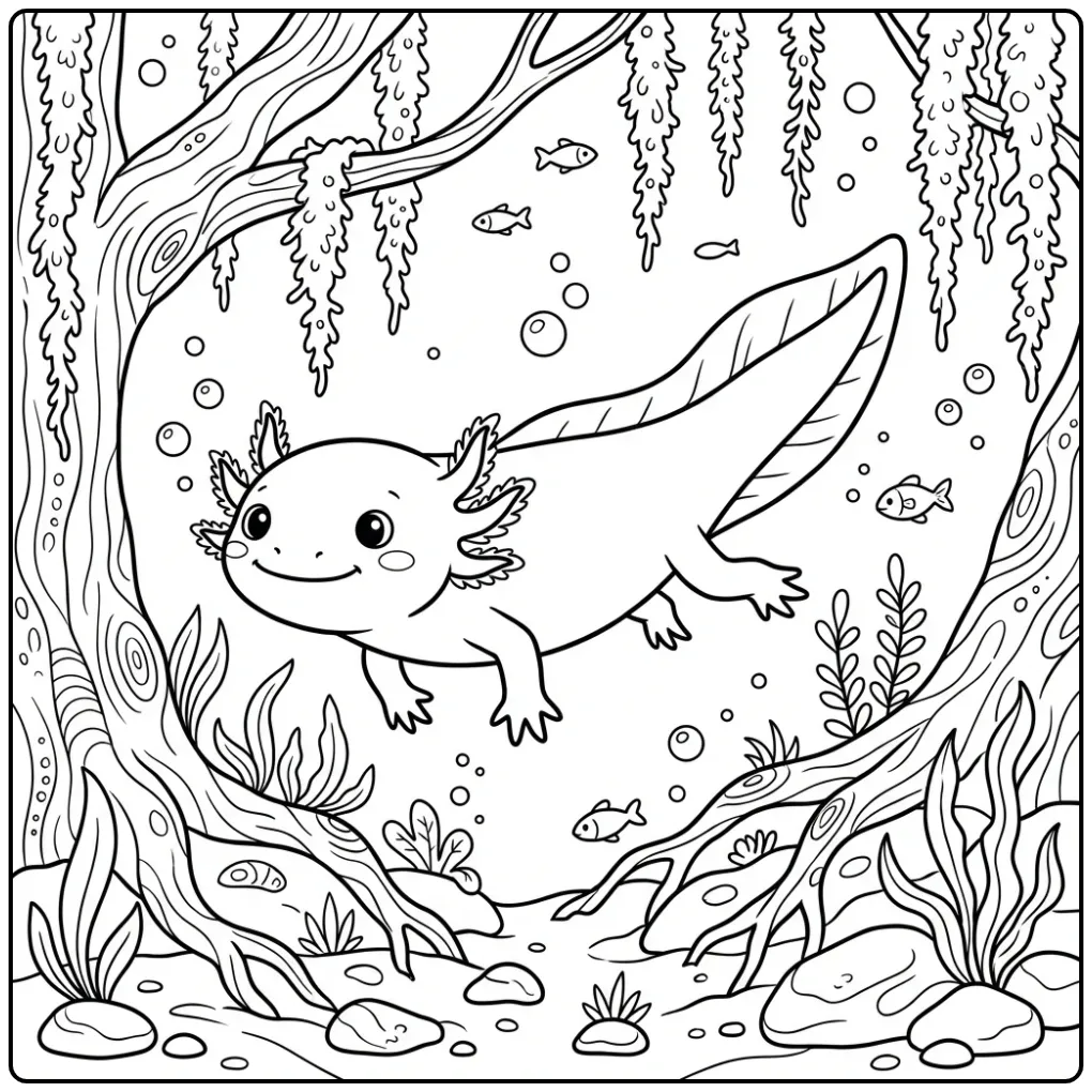 Swimming Axolotl in Freshwater Habitat coloring page
