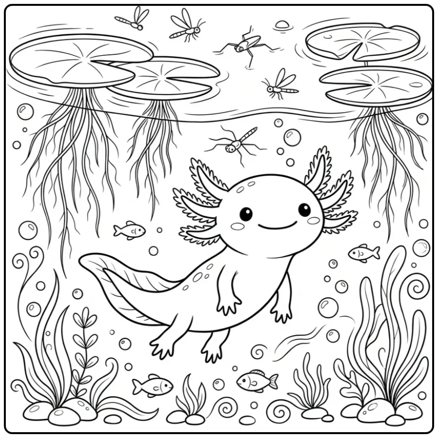 Swimming Axolotl Among Long Roots coloring page