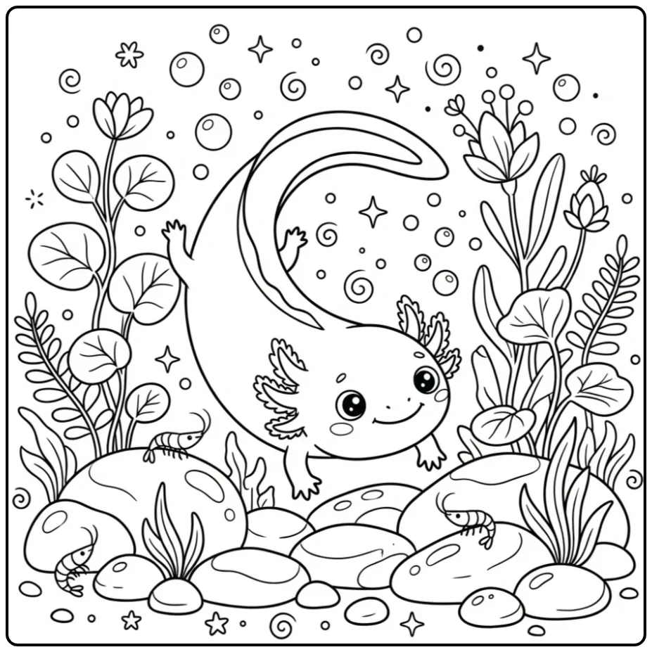 Swimming Axolotl with Plants and Stones coloring page