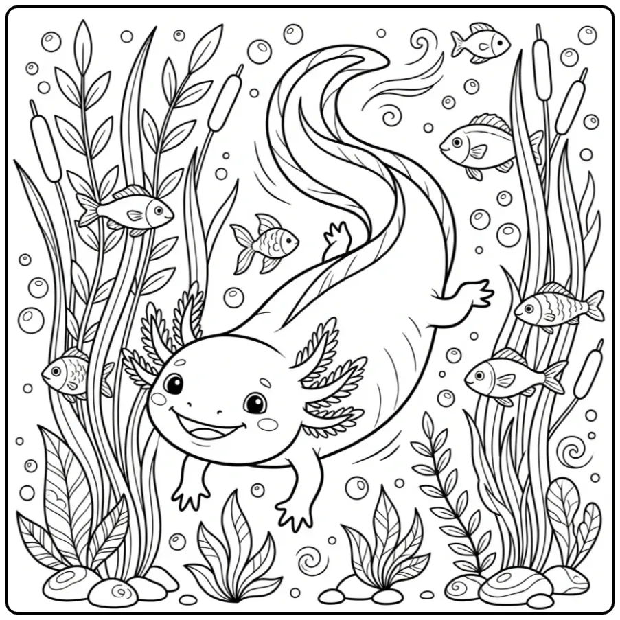 Swimming Axolotl with Fish and Plants coloring page