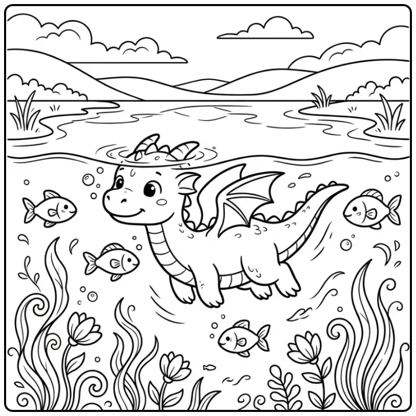 Swimming Dragon in a Clear Lake coloring page