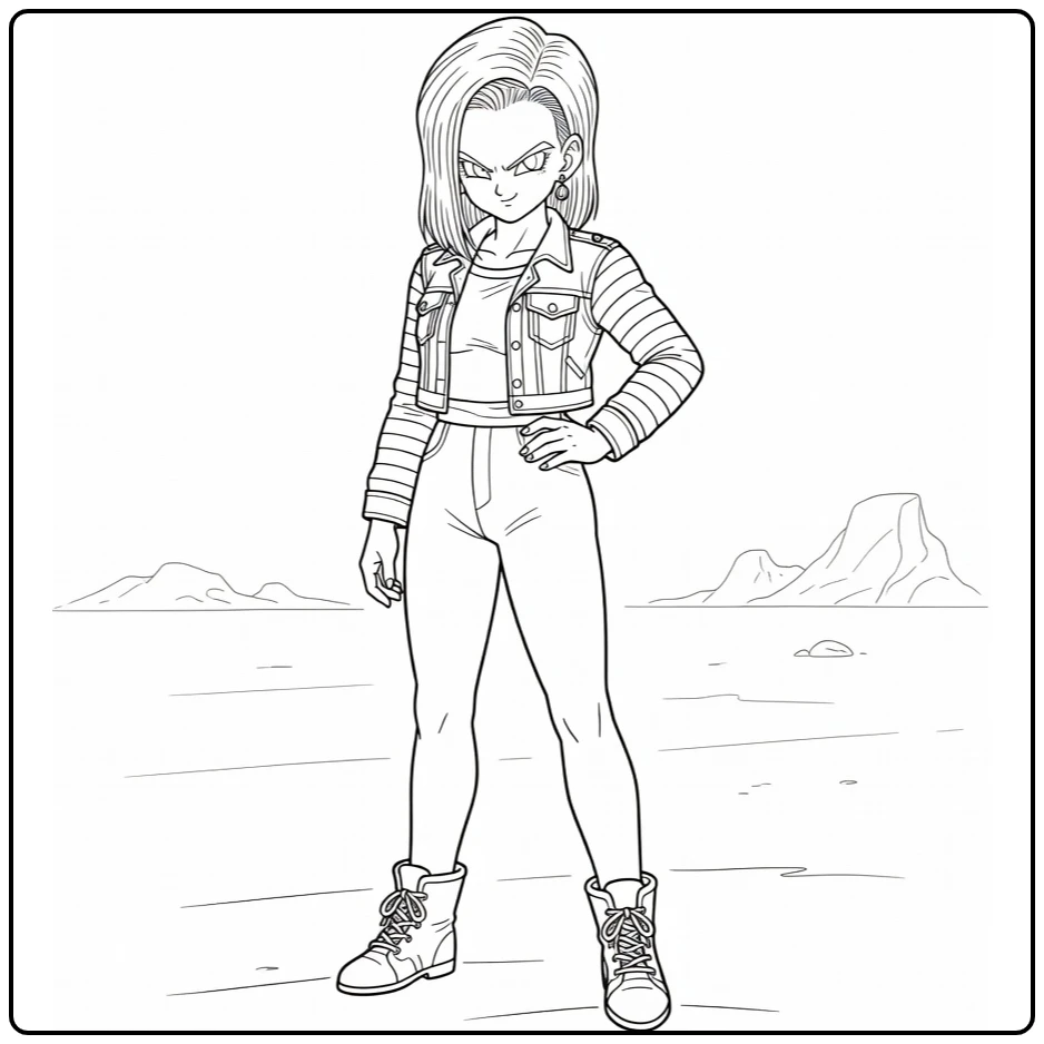 Android 18 in Cool Pose with Jacket and Boots coloring page