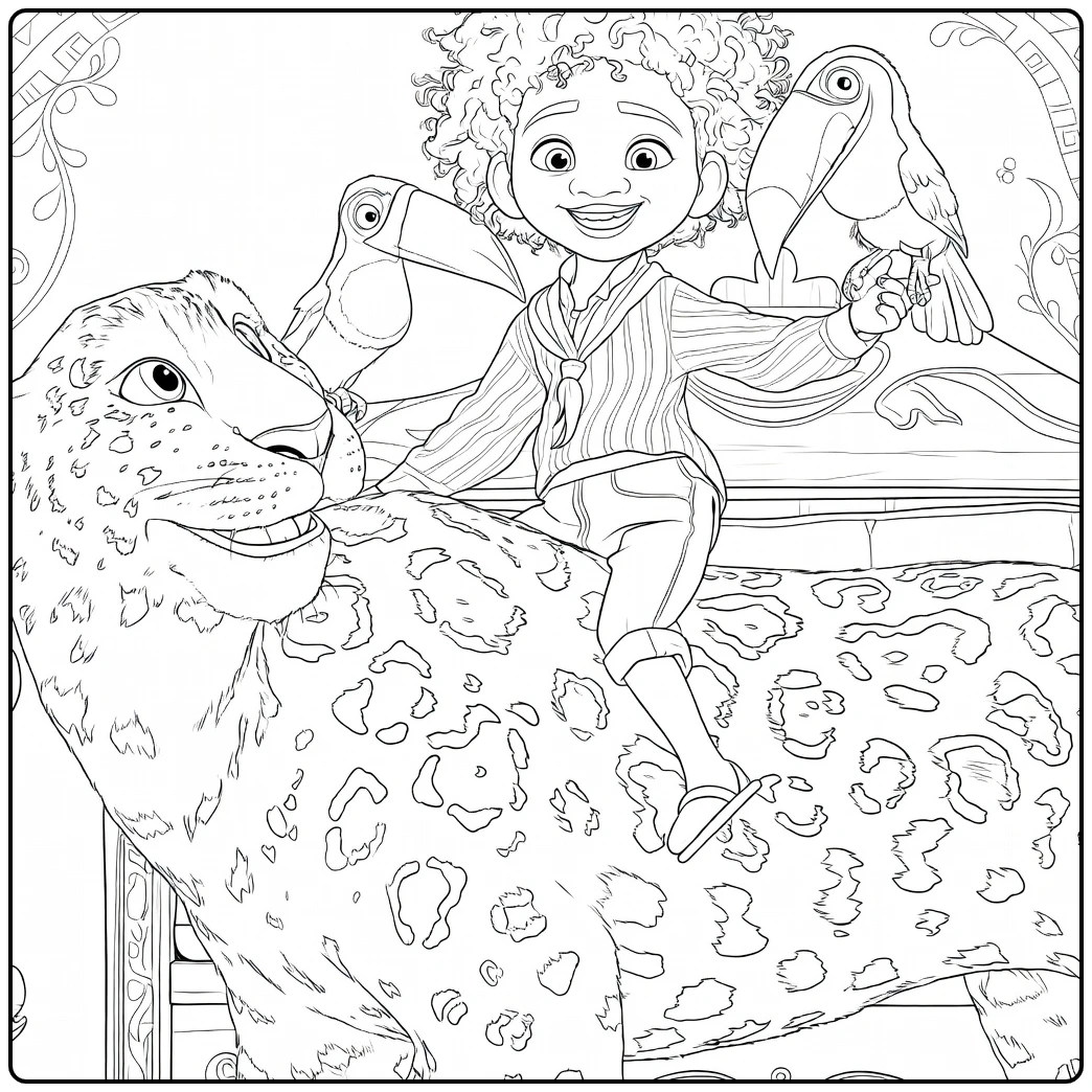 Antonio Madrigal Puma and Parrots coloring page
