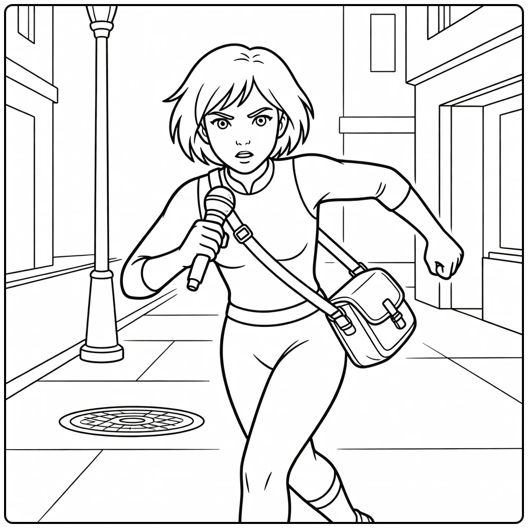 April O'Neil in Action on Stedelijk Sidewalk with Lantaarnpaal coloring page