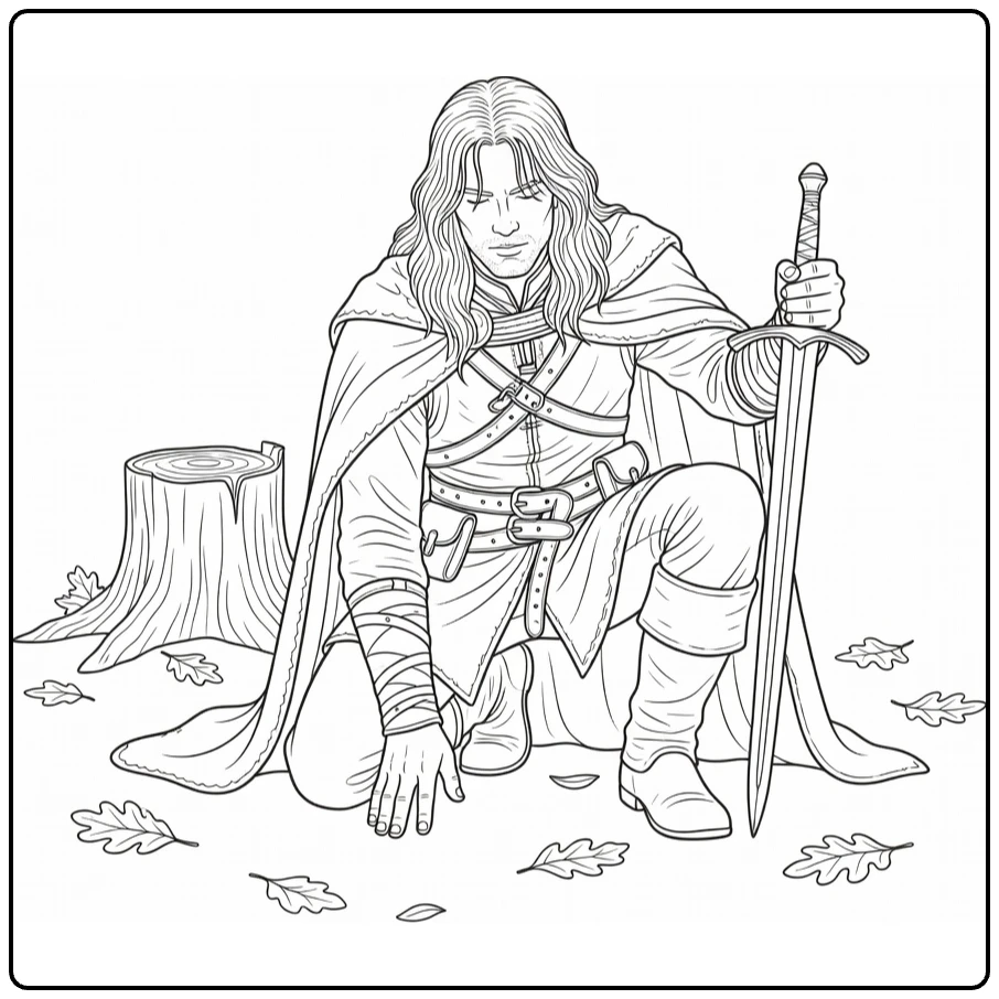 Aragorn Kneeling with Sword in Forest Setting coloring page