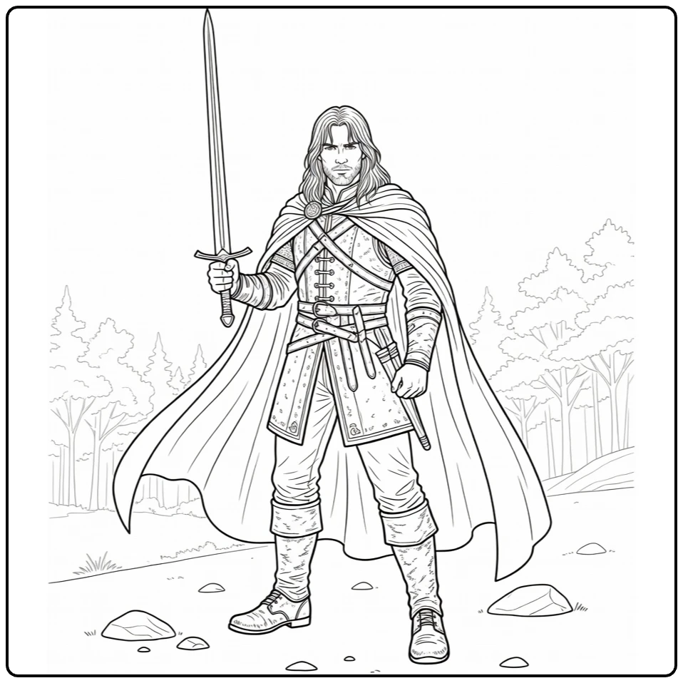 Aragorn Tough Ranger with Raised Sword coloring page