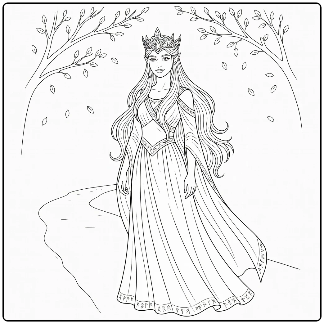 Arwen Long Hair Crown and Forest Path coloring page