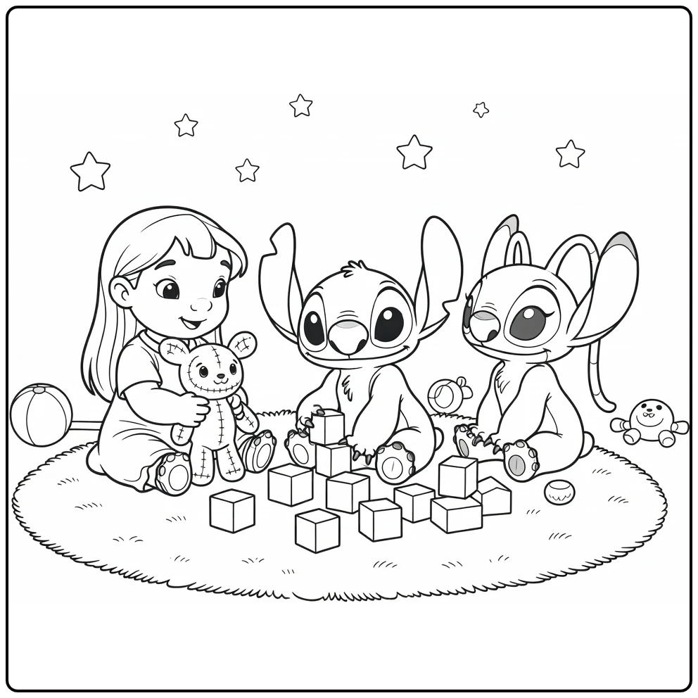 Baby Stitch Playing with Blocks coloring page