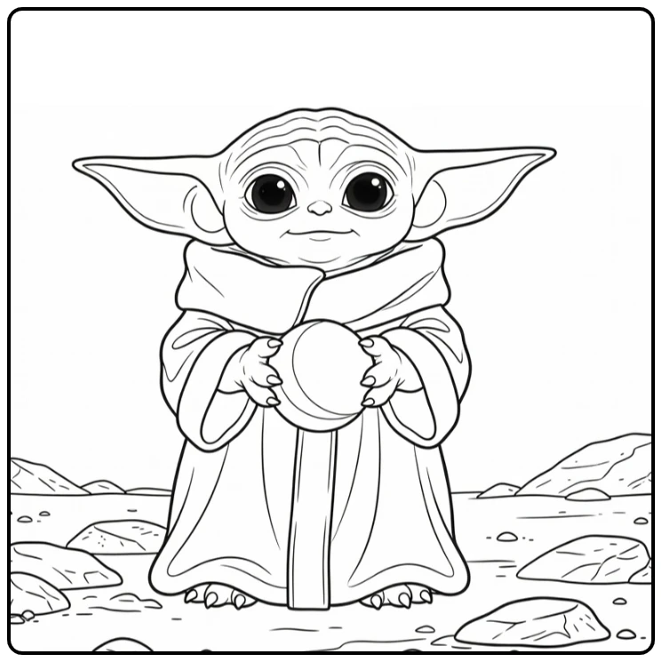 Baby Yoda Holding a Ball on Rocky Ground coloring page