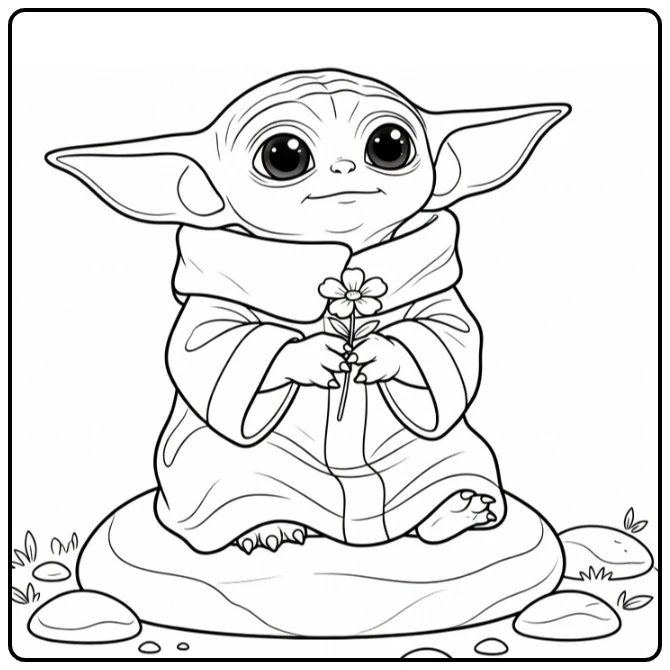 Baby Yoda Cute with Flower in Hands on Rock Resting coloring page