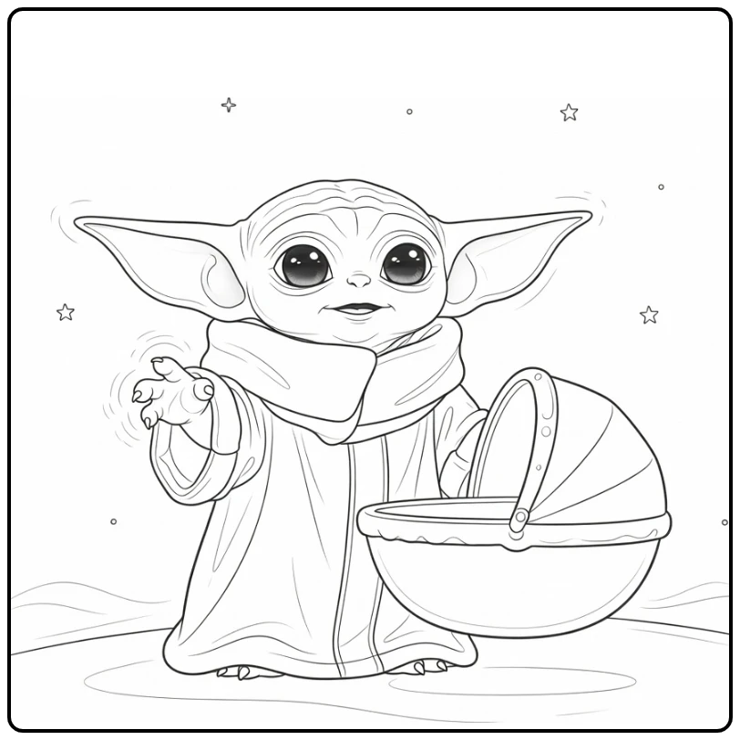 Baby Yoda Cute Next to Floating Pram Hand Raised coloring page