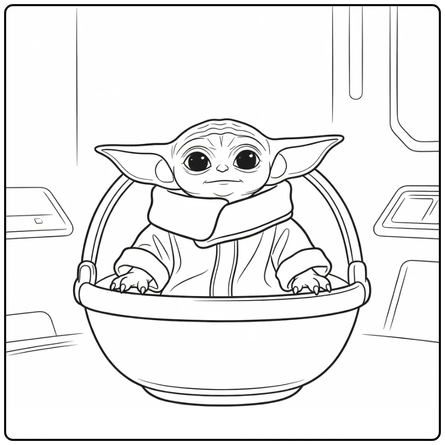 Baby Yoda in Floating Pram with Big Eyes coloring page