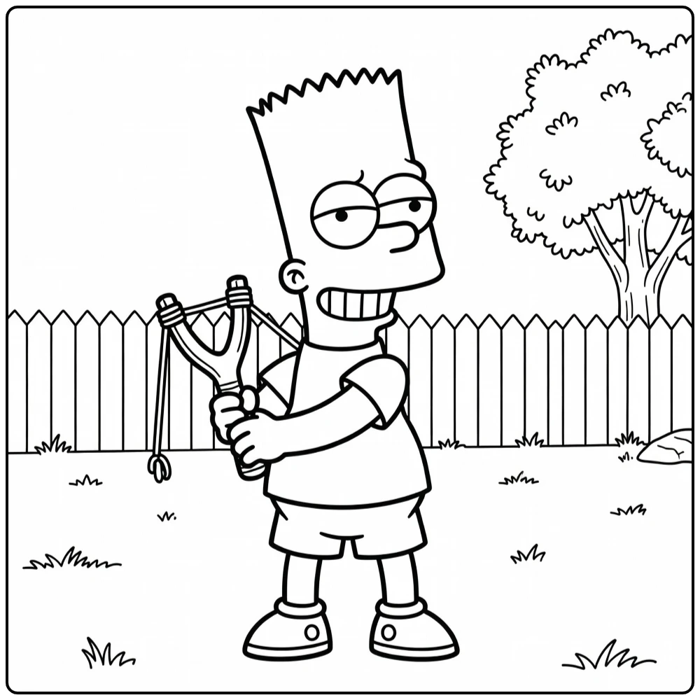 Bart Simpson in Backyard with Fence and Tree coloring page