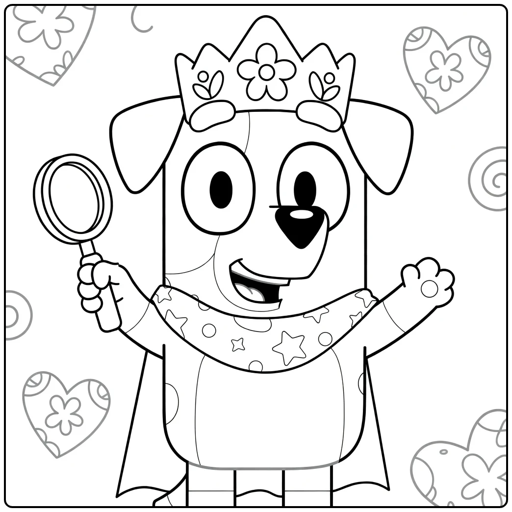 Bluey Queen Bingo with Cape and Mirror coloring page