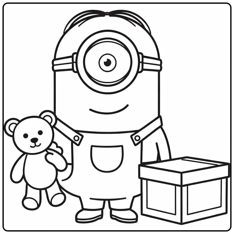 Happy with Teddy Bear Next to Box Minion Easy coloring page