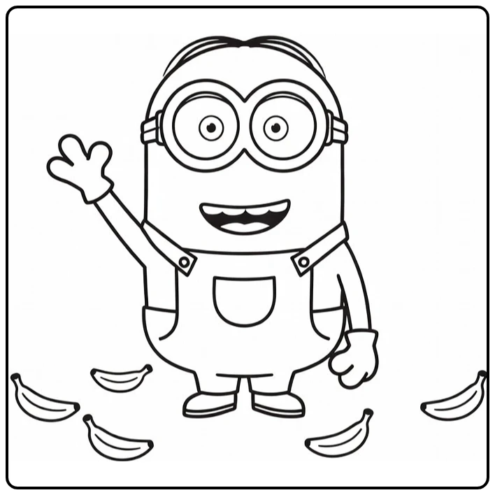 easy Minion coloring page with a waving Minion and bananas