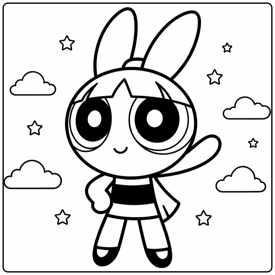 Blossom in Pose with Clouds and Little Stars 52 Characters coloring page