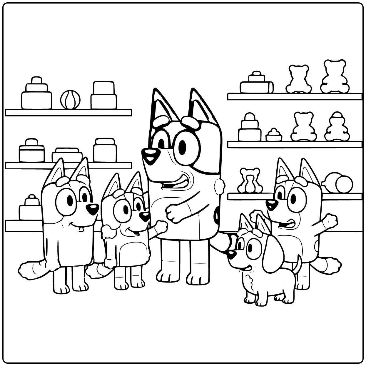Bluey in Toy Store with Bingo Honey coloring page