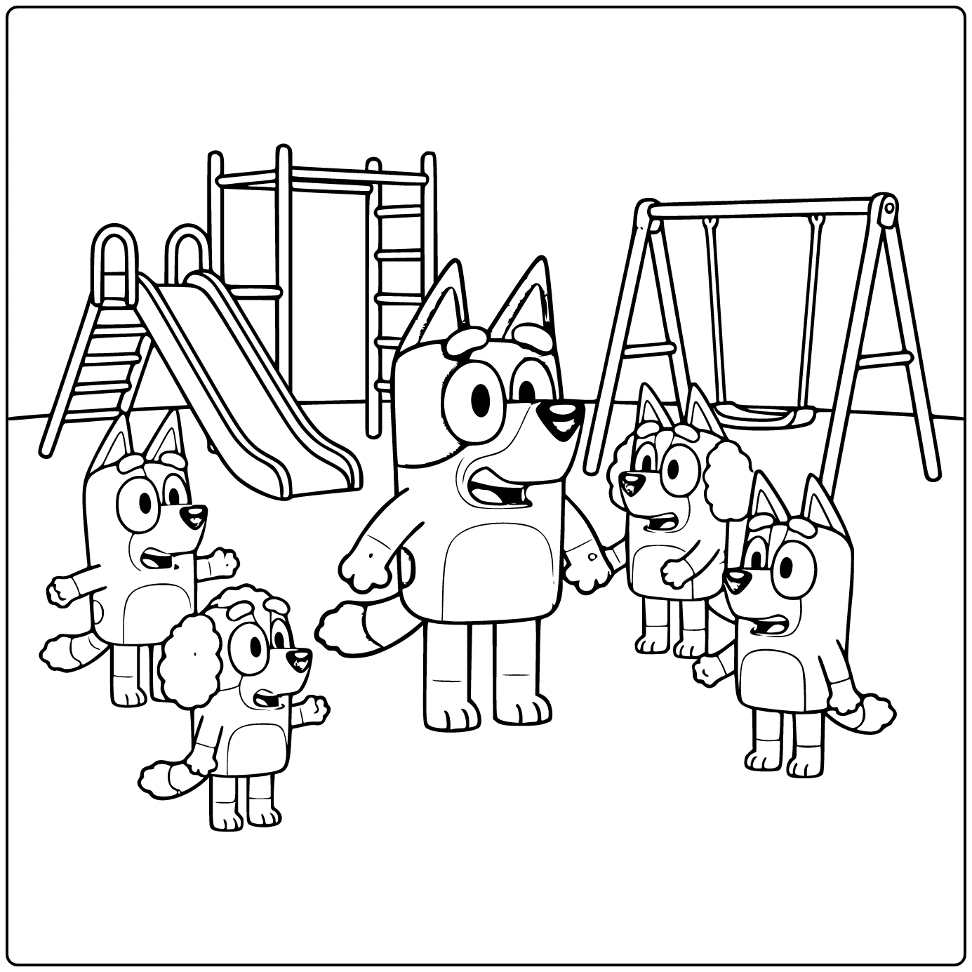 Bluey Proudly with Bingo on Schoolyard coloring page
