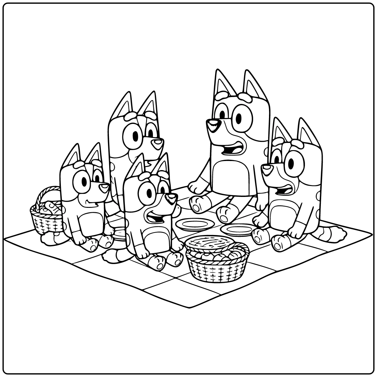 Bluey Picnic with Family Bingo Bandit Chilli Stripe coloring page
