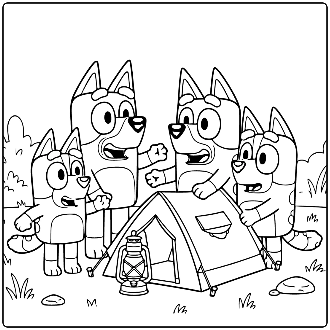 Bluey coloring page with Bingo, Bandit, and Chilli on a camping adventure