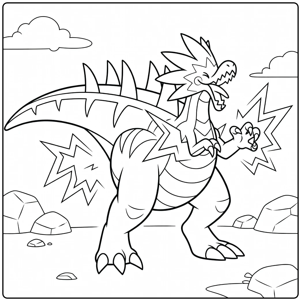 Roaring Pokemon Dracozolt on Rocks coloring page