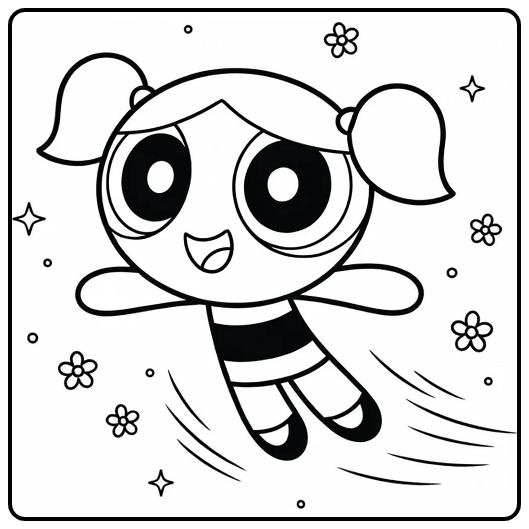 Bubbles Playful Flying Superheroine with Flowers coloring page