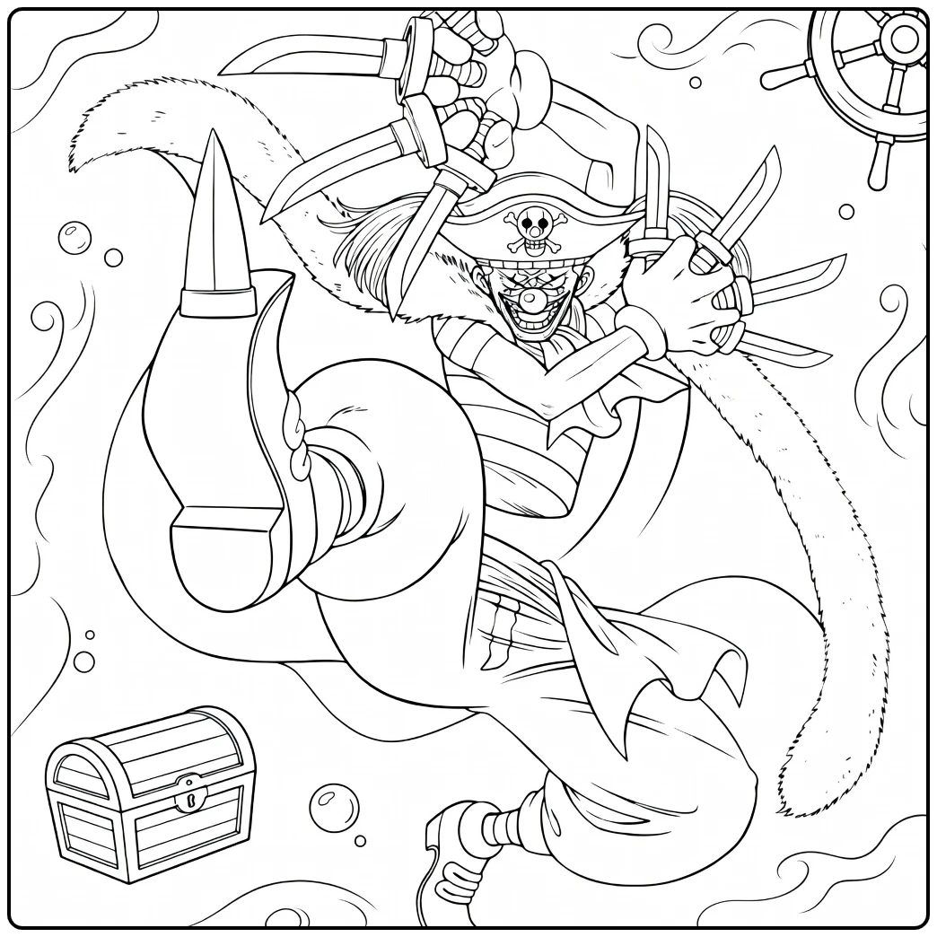 Buggy Clown Pirate in Action with Treasure Chest coloring page