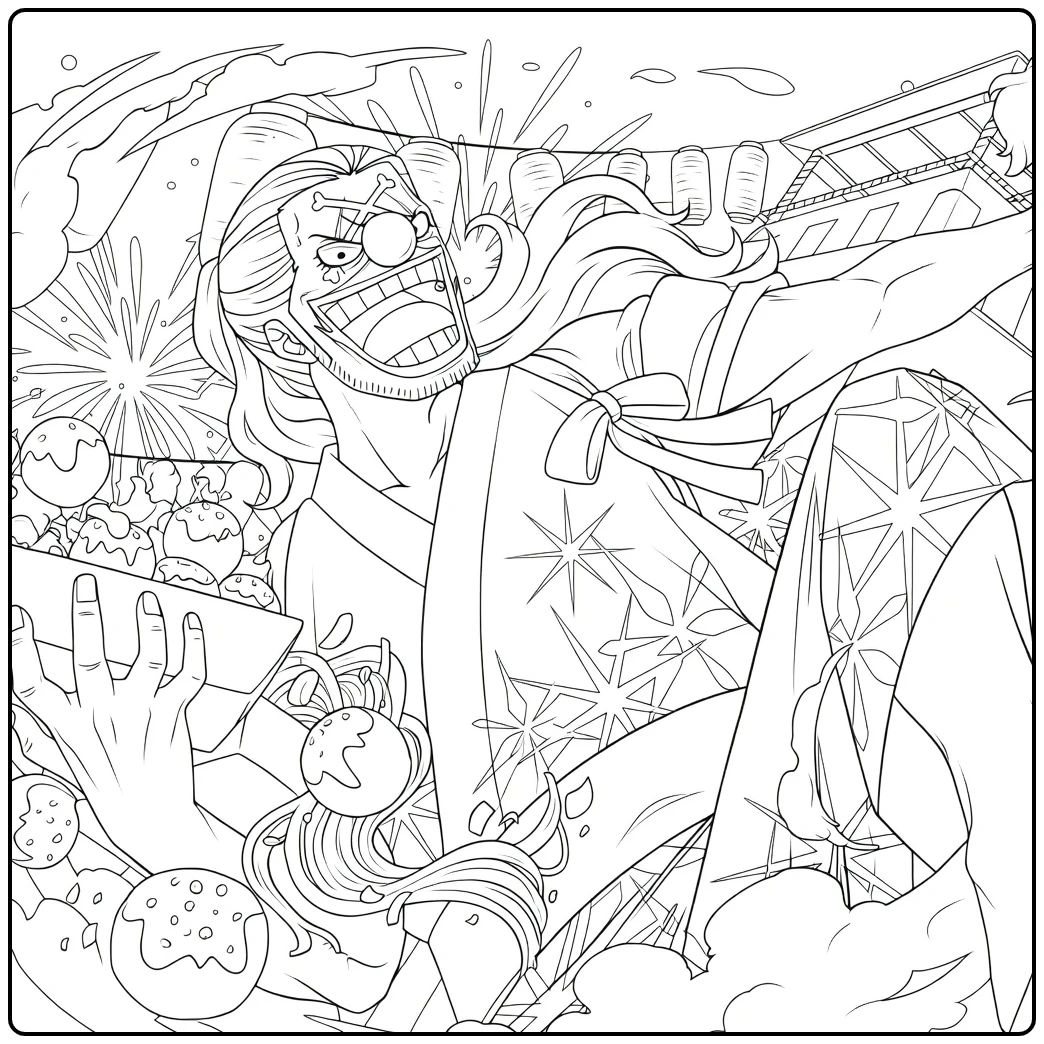 Celebrating Clown Buggy with Dango and Stars coloring page