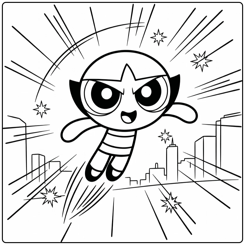 Buttercup in Action with Stars and City coloring page