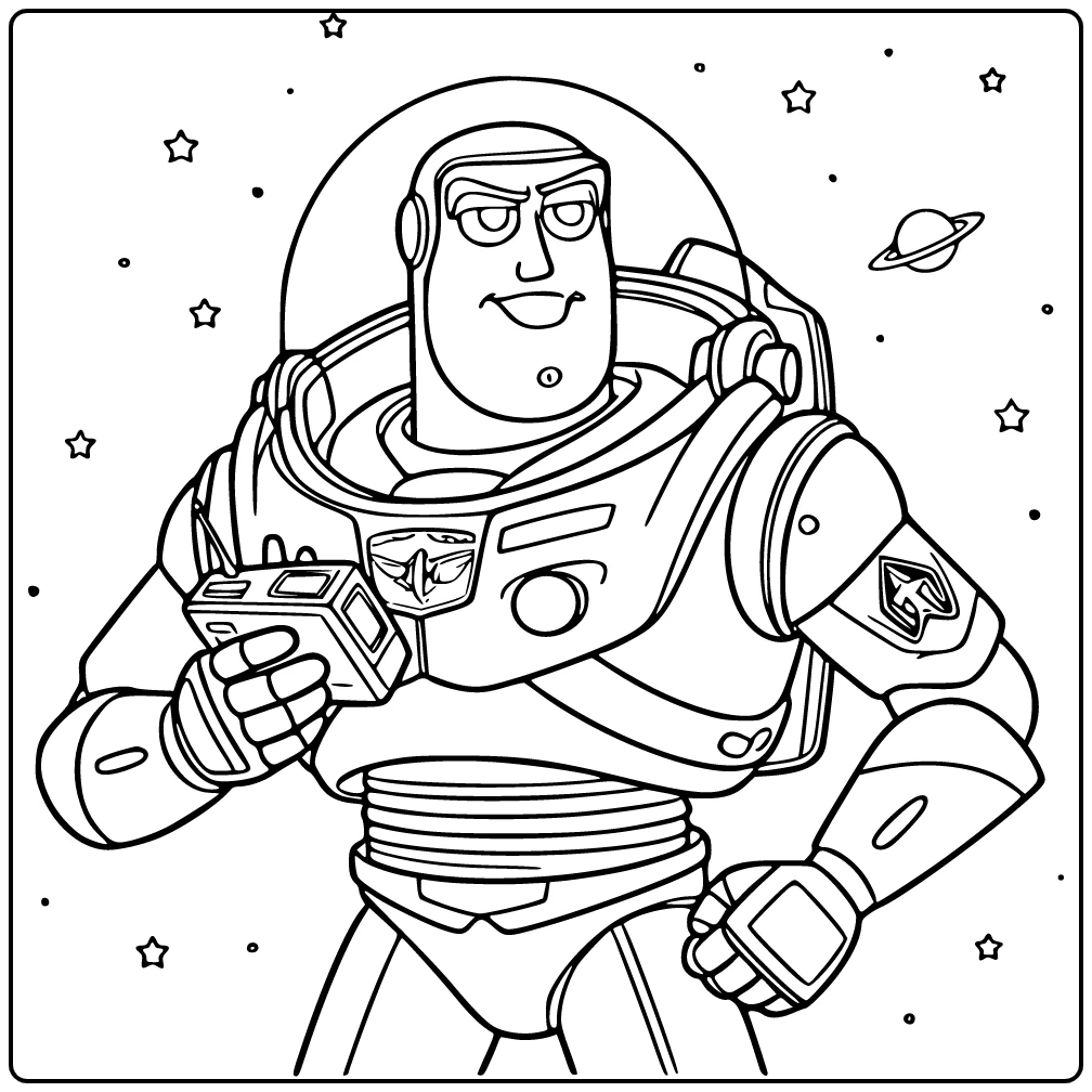 Buzz Lightyear coloring page holding a space communicator