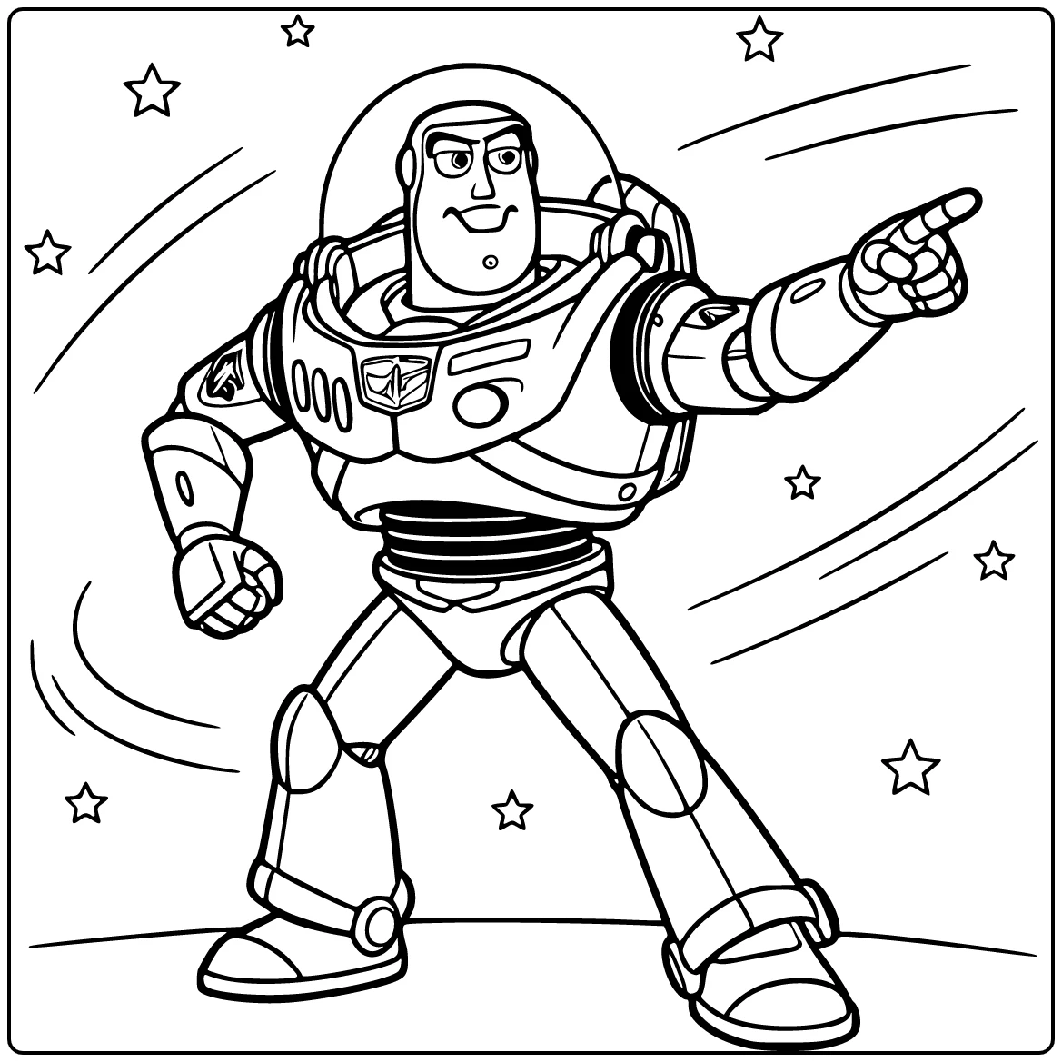 Buzz Lightyear coloring page in a dynamic action pose