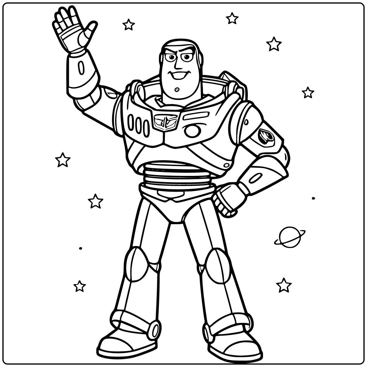 Buzz Lightyear coloring page with raised arm and heroic stance