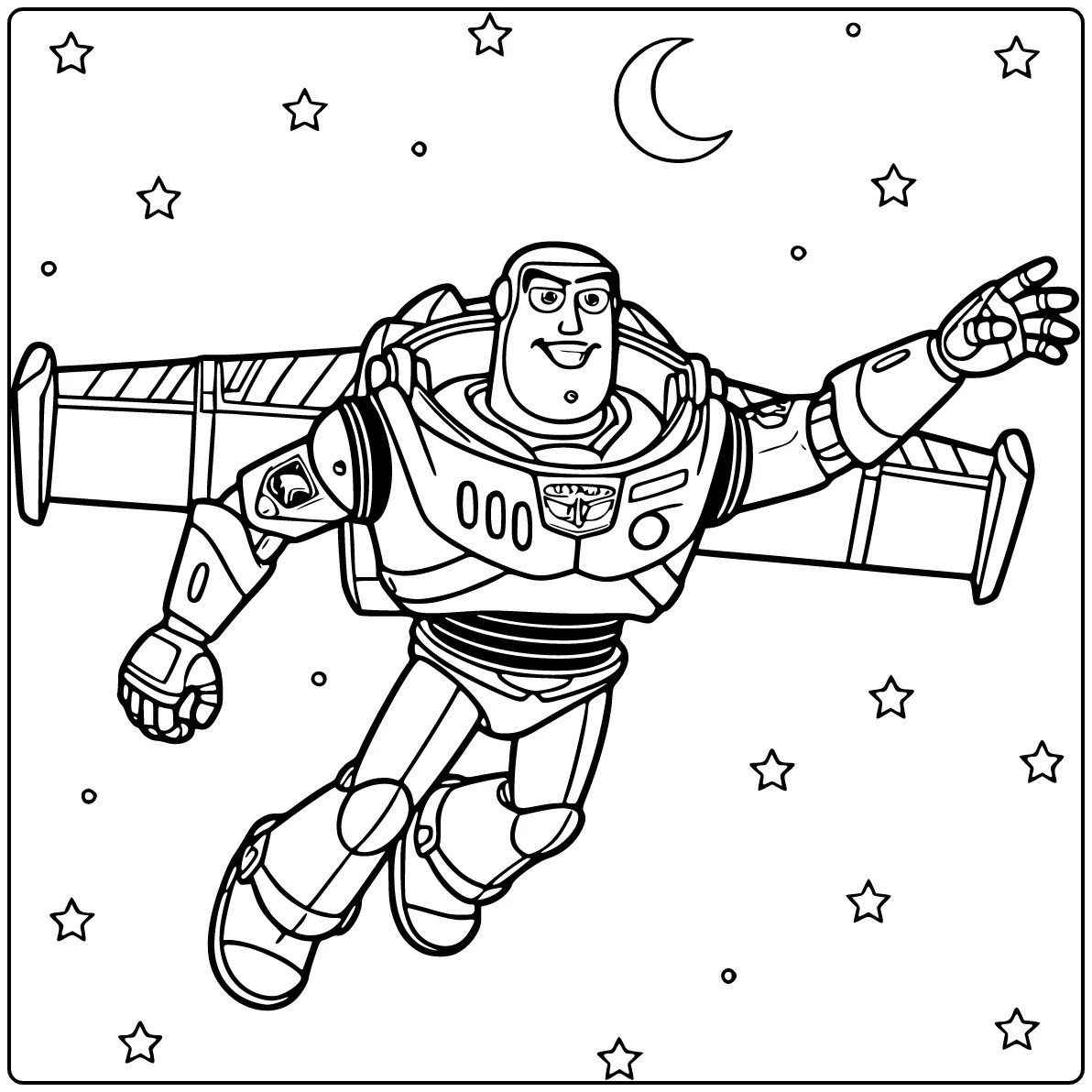 Buzz Lightyear coloring page flying with wide wings