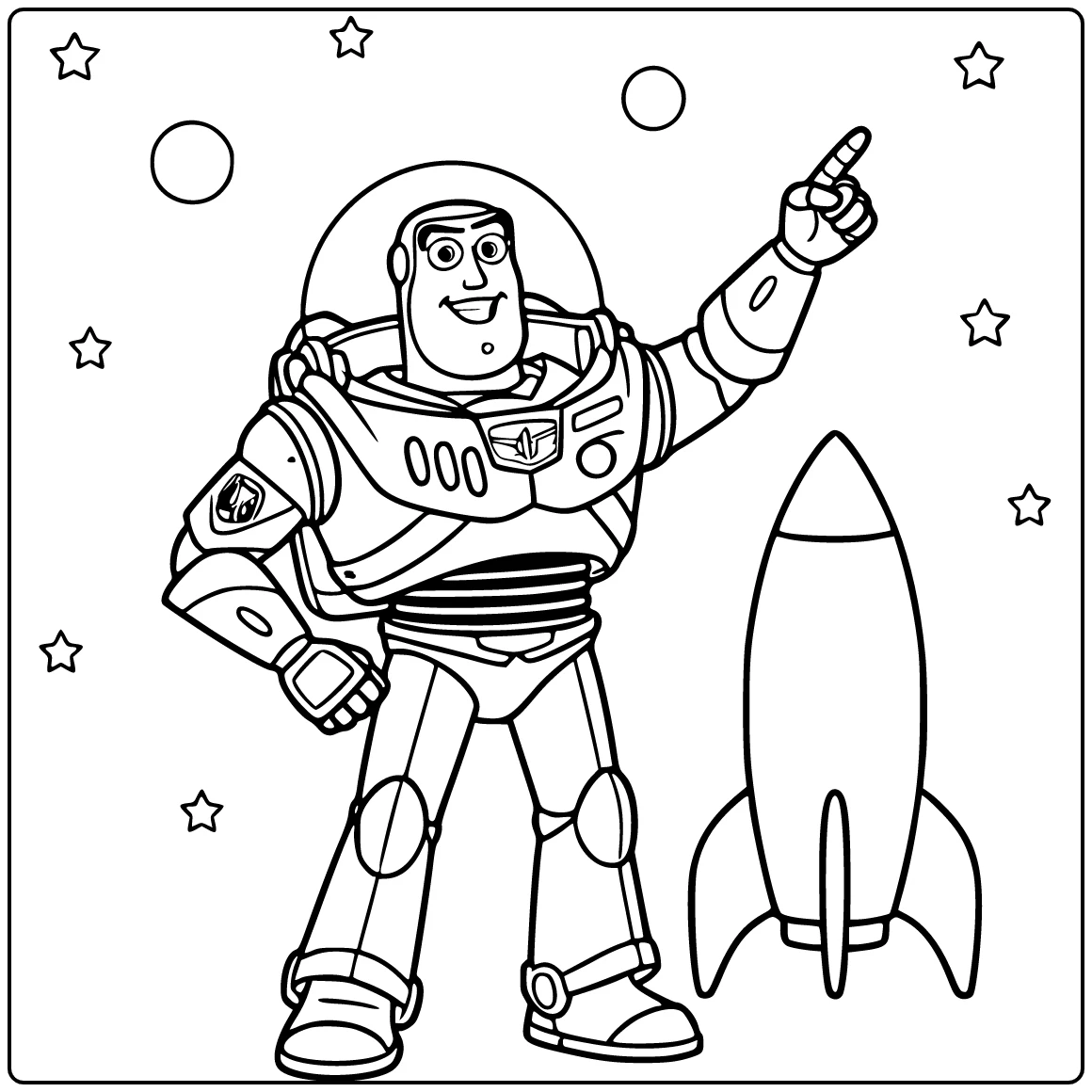 Buzz Lightyear coloring page beside a rocket pointing upward
