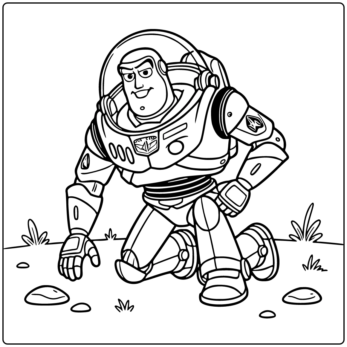 Buzz Lightyear coloring page kneeling to inspect the ground